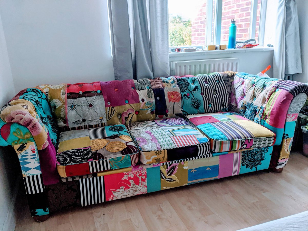 kevor's tweet photo. @SMvintage Hi Sarah, bit of a long shot... We bought this beautiful sofa recently. The only thing we know about its provenance was that it was bought in The Old Cinema in Chiswick about 10 years ago. Someone theorised it might be your work... is it? Or do you have an idea? https://t.co/HbG4x5qz4y