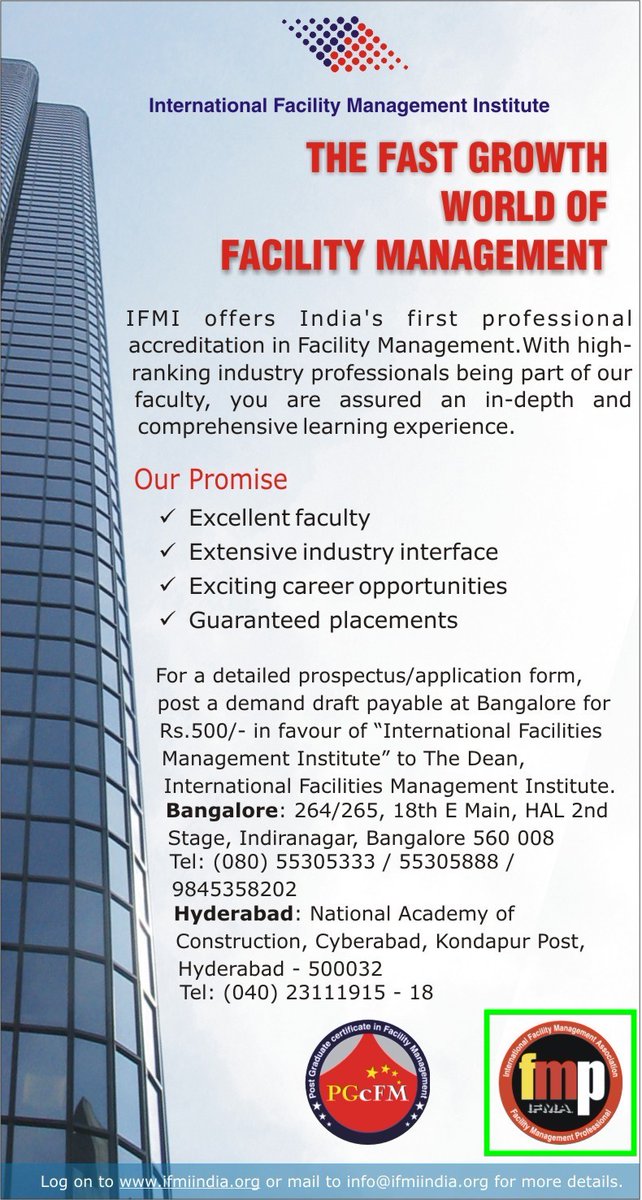 Some of the ads that appeared in the news papers in India showing the FMP program and PGcFM program offered by the institute started by #IFMAindia, the Indian entity of <a href="/IFMA/">IFMA</a> #IFMA US