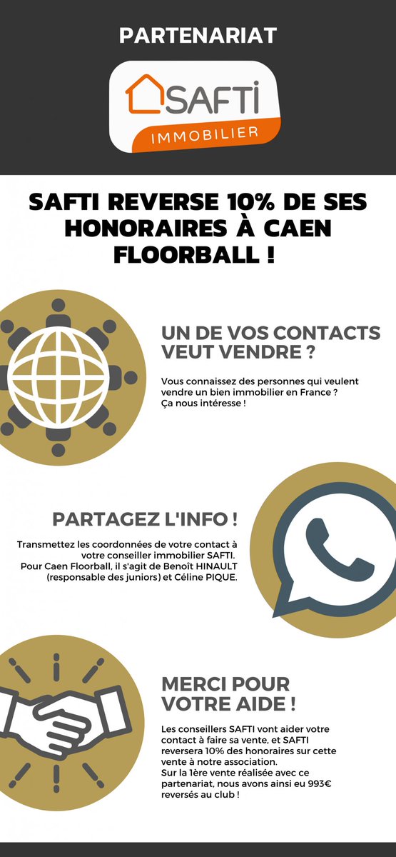 Vous voulez nous aider à nous développer ?
C'est simple grâce à notre partenaire <a href="/agencesafti/">SAFTI</a> !
🡲 Vous connaissez qqun qui veut vendre un bien immobilier en France ?
🡲 Partagez-nous l'info, et Caen Floorball récupérera 10% des honoraires de la vente !