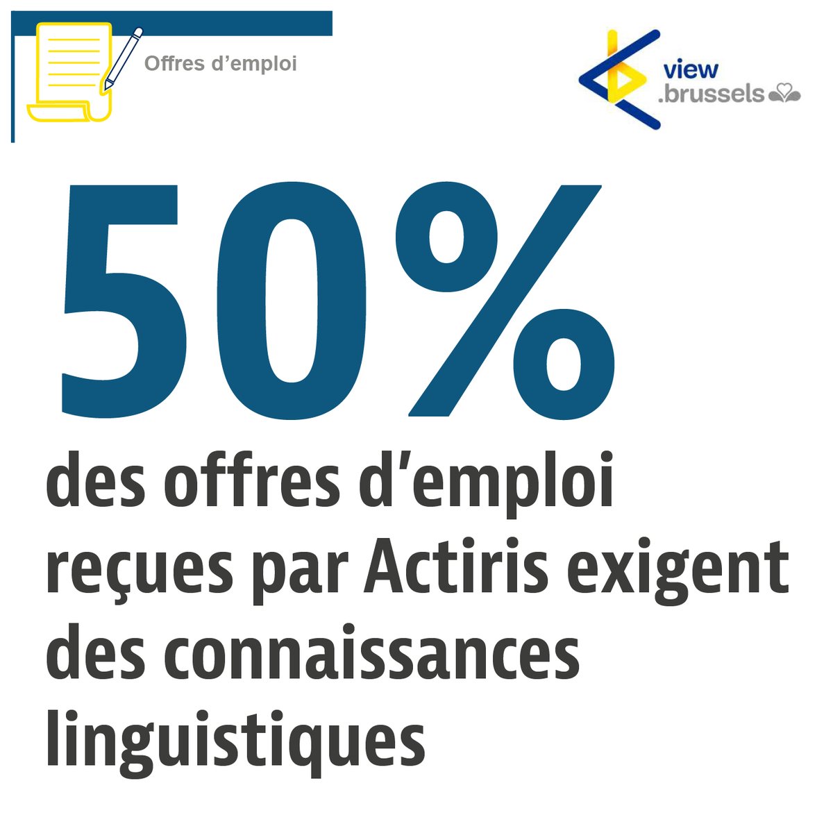 ActirisBrussels's tweet photo. A Bruxelles, 1 offre d'emploi sur 2 requiert des connaissances linguistiques. Dans 80% des cas c'est le néerlandais qui est recherché. Découvrez l'étude de https://t.co/ZR6Lv4w1Mr sur les exigences linguistiques des employeurs https://t.co/UpstixnG15  
#Bruxellesvillemultilingue https://t.co/pdFuiODNgT