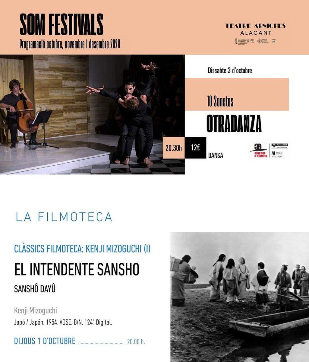 🩰 Programació setmanal 🩰 
🔹 Dijous 👉 La Filmoteca - El intendente Sansho
🔹 Dissabte 👉 Dansa a Escena - 10 Sonetos, de Otradanza
#tornemaprogrAMAR #somarniches #dansaaescena #culturasegura
