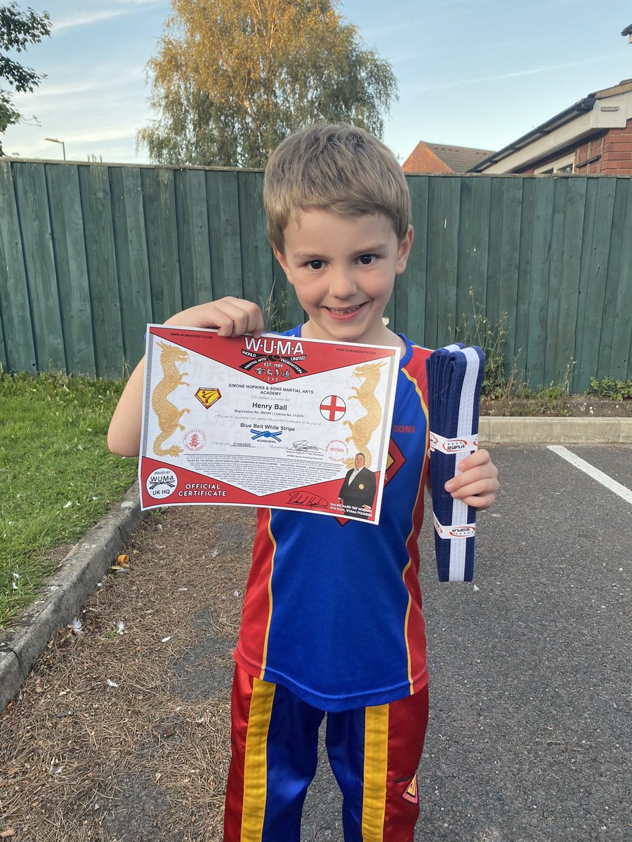 bellaboo108's tweet photo. Henry gained his blue belt with white stripe at kickboxing this weekend. We are so proud of his hard work and determination! It certainly wasn’t easy! @lakeside_sport https://t.co/o0TgIZCfmz
