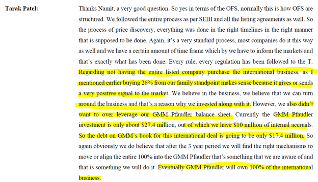 On 22 Sep-23 Sep 2020, OFS they sold shares at Rs 3500/share. Let’s look at its rational & Management reason/clarification/commitment. GMM Pfaudler has recently acquired international business of Pfaudler Inc (global parent) 51