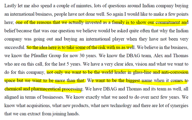 Question around GMM Pfaudler buying Pfaudler International Business?GMM Pfaudler was giving away 1% of sales to Pfaudler Inc. I think this is now going to stop and every rupee of the international business will flow into GMM Pfaudler balance sheet.60