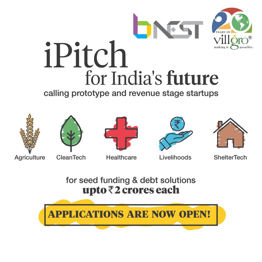 bnestbpl's tweet photo. Is your startup working towards building the best India? Then
apply now to @Villgro's #iPitch
2020 to receive seed funding and debt solutions upto 2 crores
each! https://t.co/ktTPQpwCYP
#iPitch2020
#BuildtheBestIndia https://t.co/0D5Q7M07Ke