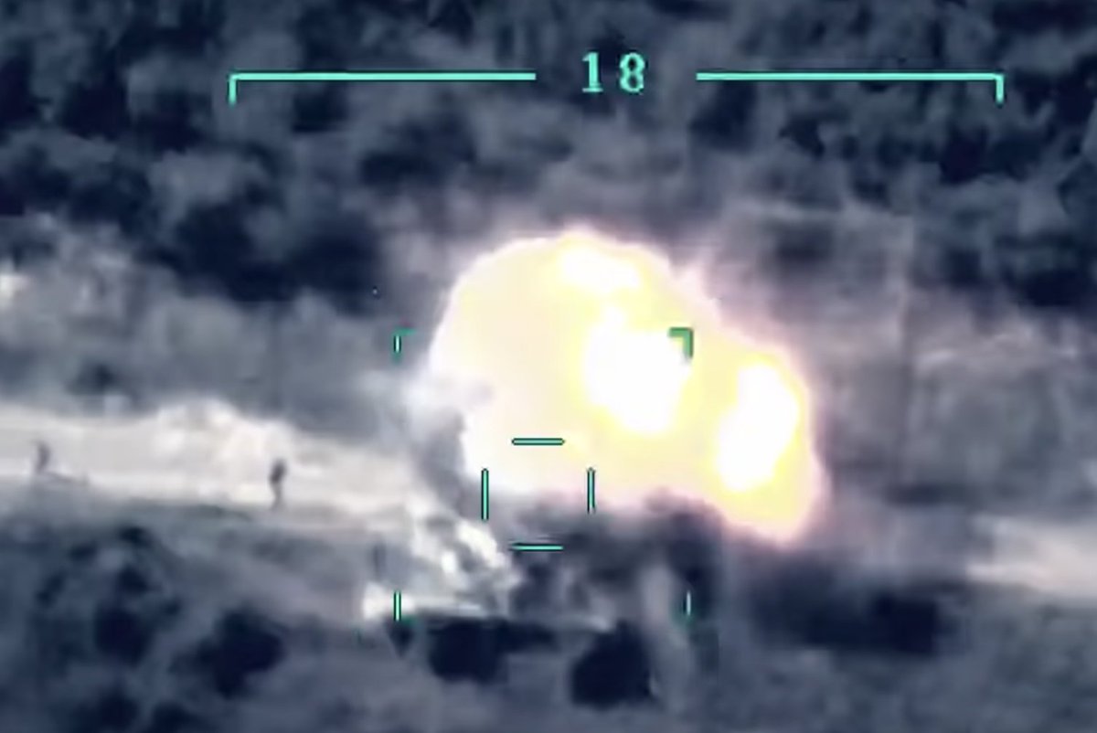 Turkish drones of the Azeri armed forces destroying Russian tanks (T-90?!?) of the Armenian armed forces.