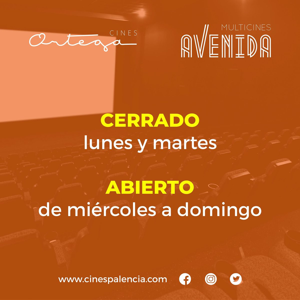 ⚠️ AVISO IMPORTANTE 
❌ Lunes y martes: CERRADO
✅ De miércoles a domingo: ABIERTO.
Seguimos ofreciendo todas las medidas de distanciamiento, para que podáis disfrutar del ocio y la cultura de la manera más segura posible.

#palencia #cines #CinesOrtega #MulticinesAvenida