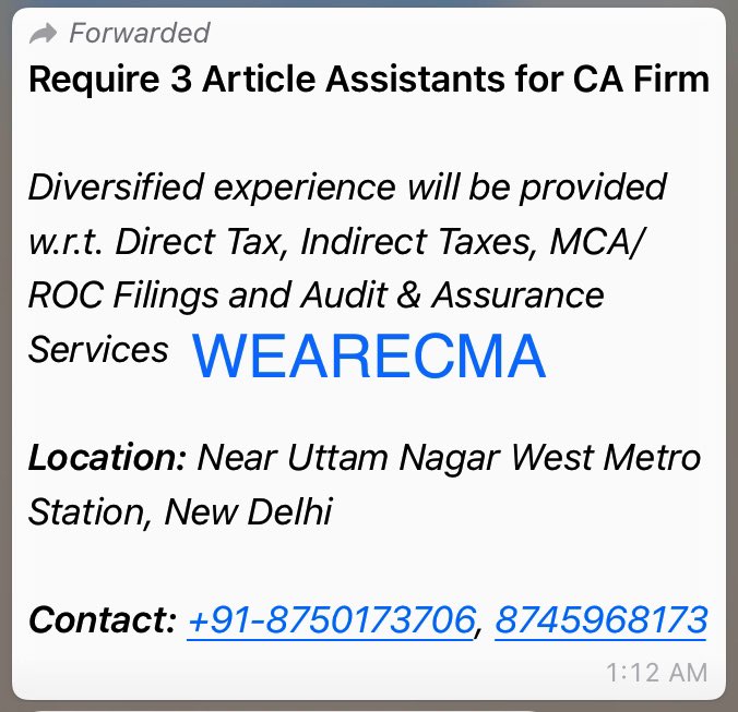 CMA_ASPIRANTS's tweet photo. Vacancy in CA FIRM at Uttam Nagar West, New Delhi
#wearecma #article_assistance #vacancy #account_executive #icmai #cma #tax #cost #audit #cost_audit #being_professional #proud_cma #cost_accountant https://t.co/DsZjcb3TO0