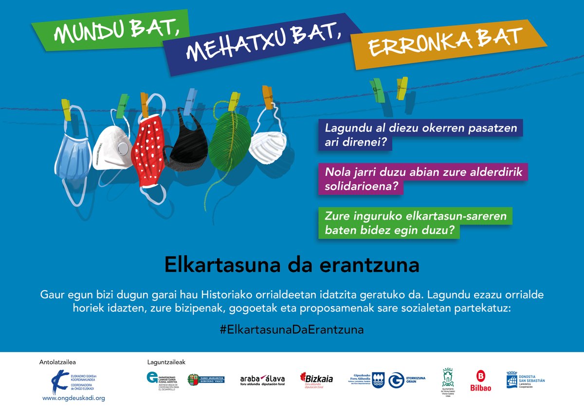 Egun bizi dugun garai hau Historiako orrialdeetan idatzita geratuko da. Lagundu ezazu orrialde horiek idazten, zure bizipenak, gogoetak eta proposamenak sare sozialetan partekatuz #ElkartasunaDaErantzuna traolarekin. bit.ly/35y9D2l
