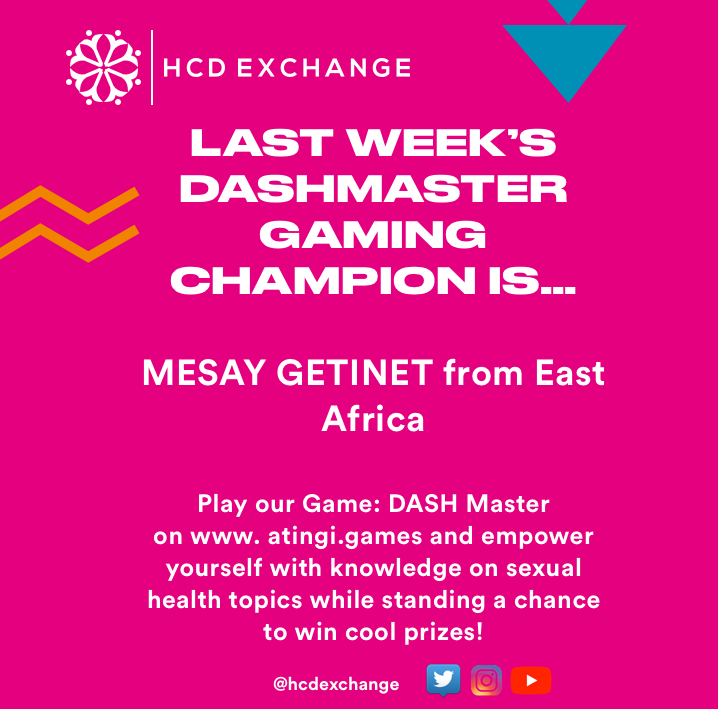 HcdXchange's tweet photo. Hi youth community! Have you been playing the HCDExchange #Dashmaster game?
Congratulations to last week's winner, Mesay Getinet from East Africa on having the highest score last week!
Learn more about sexual health through playing #Dashmaster on https://t.co/kpogpDjwbm https://t.co/K6i2yrVEUN