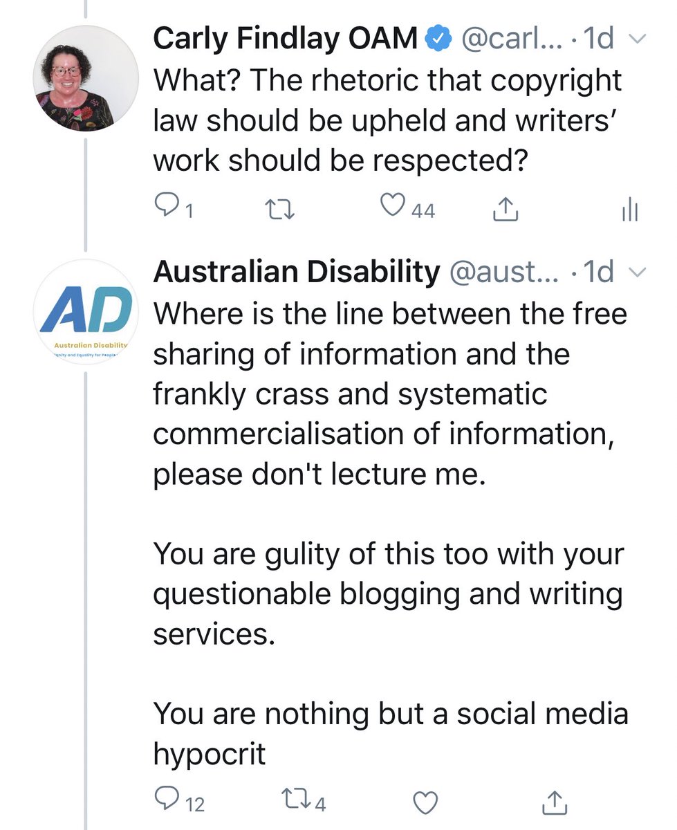 Some abuse I’ve received from  @austdisability - after I spoke up b/c Jonathan Shar & team have stolen writing of many - inc disabled writers like  @chlosarge &  @ellenffb - for their site. When other disabled people like  @jeshyr  @stefinitely85 spoke up, Aus Disability abused them.