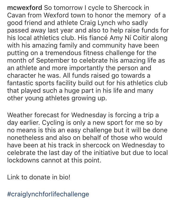 Saddling up the old grey mare tomorrow to cycle from Wexford to Cavan to help raise funds for the Craig Lynch for life challenge. Details below and link in bio to support. Please help support this great initiative and honor Craig’s memory by helping the club that helped him. 🙌🏼