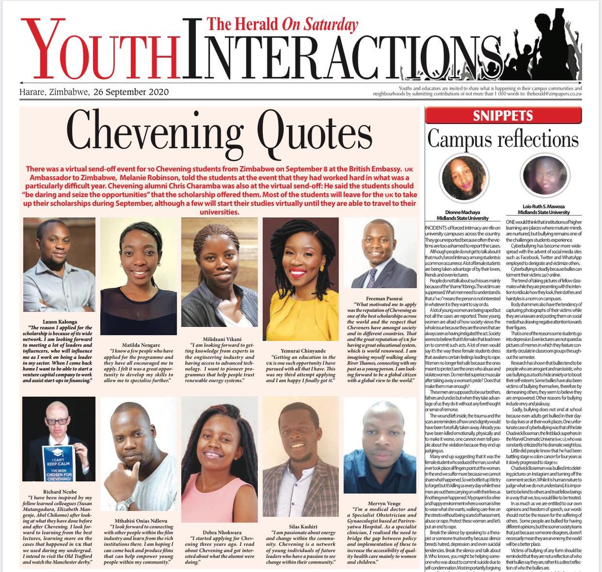 UK Ambassador <a href="/HMAMelanieR/">Melanie Robinson</a> said the 10 Zimbabweans selected for <a href="/CheveningFCDO/">Chevening Awards🇬🇧</a> Awards had worked hard “in what was a particularly difficult year.”

#Chevening students from Zimbabwe featured in the <a href="/HeraldZimbabwe/">The Herald Zimbabwe</a>