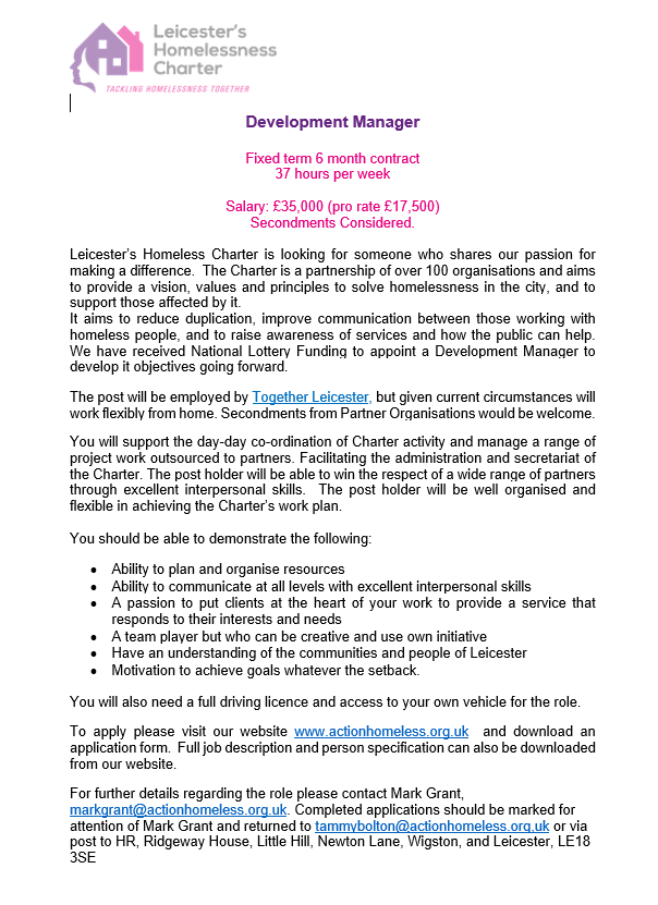 JOB OPPORTUNITY IN #LEICESTER:

Development Manager - Leicester Homelessness Charter

#EndStreetHomelessness