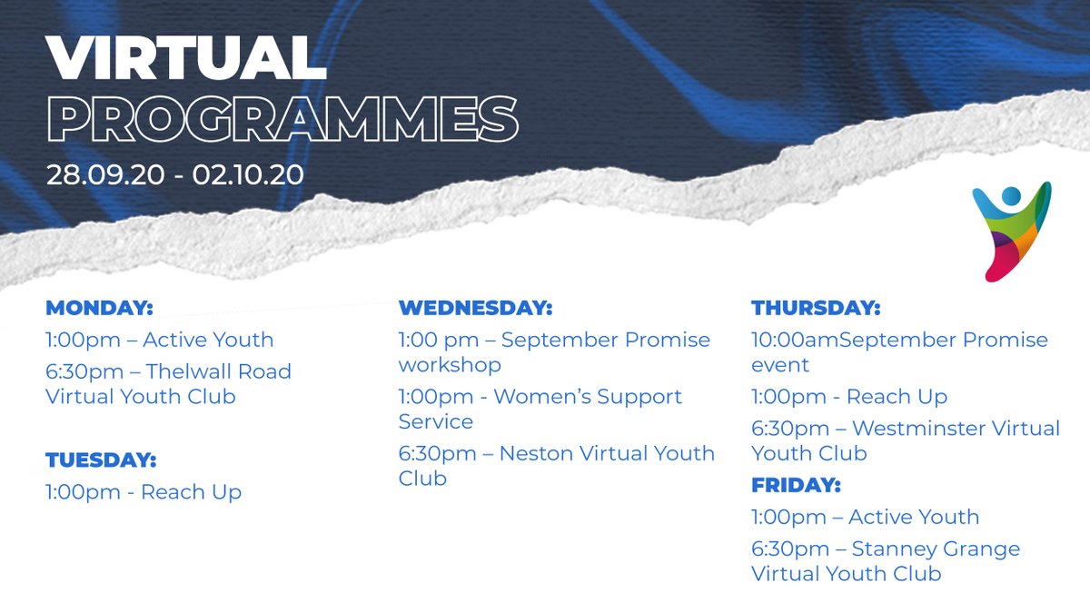 We’re into our final week of #September and we’ve got a tonne of exciting #onlineprogrammes lined up for you this week!

For more info and how to get involved, drop us a dm or email hello@youthfed.org