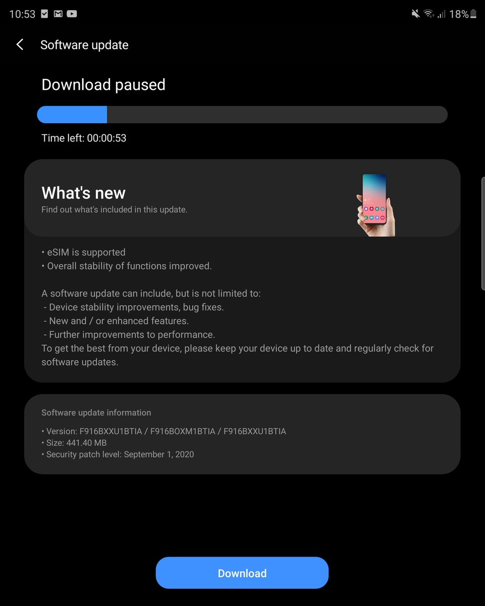 devinbltn's tweet image. The latest firmware for #dutch  Samsung Galaxy Z Fold2 users is here. Downloading as I tweet. Ready for esim. #GALAXY #Fold #Netherlands #esim @SamsungNL