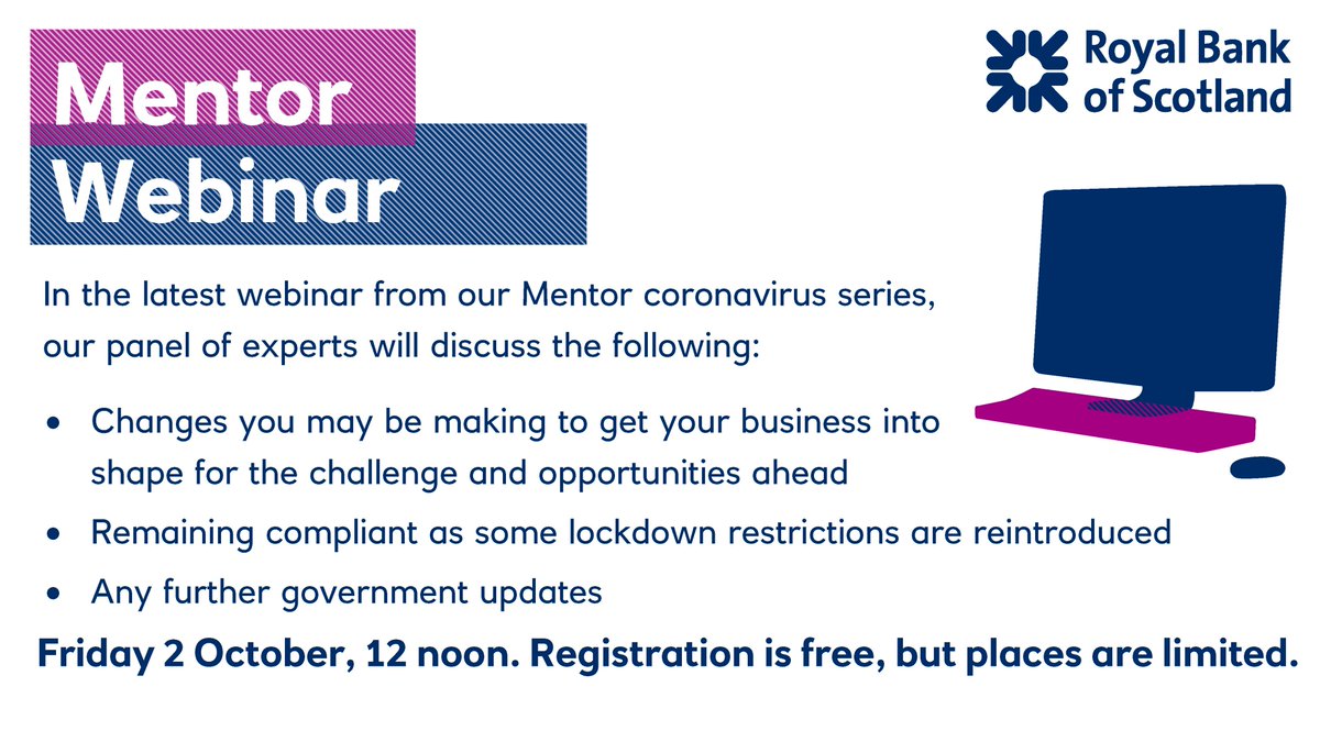 RBSBusiness's tweet photo. 💻 New: Mentor webinar
📅 Friday 2 October, 12 noon

ℹ️ In the latest webinar from our expert Mentor panel, please join us as we discuss how your business can ‘survive and thrive’ in an ever changing environment.

Register for free now https://t.co/BSPltFB5I8 https://t.co/lnOwmmGY0K