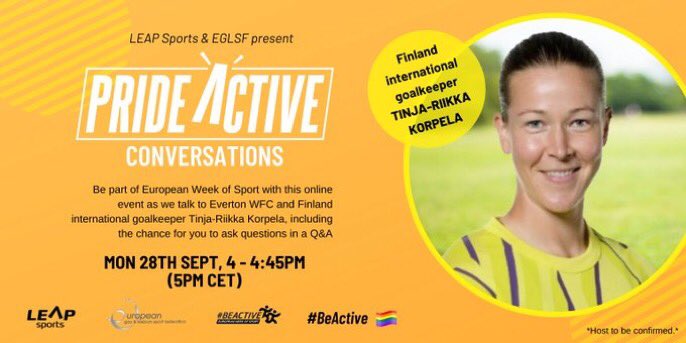 SportsMediaLGBT's tweet photo. ๐ @EvertonWomen and @Huuhkajat goalkeeper @tinnikorpela is the very special guest for todayโs @eglsf #BeActive Conversation, as the #EuropeanWeekofSport continues ๐งค โฝ๏ธ๐ซ๐ฎ๐ณ๏ธโ๐
The chat starts at 4pm BST - register here to Zoom in: https://t.co/ywspf3o1Er
#PrideActive #EFC #WSL ๐ https://t.co/KbAOftaFIR