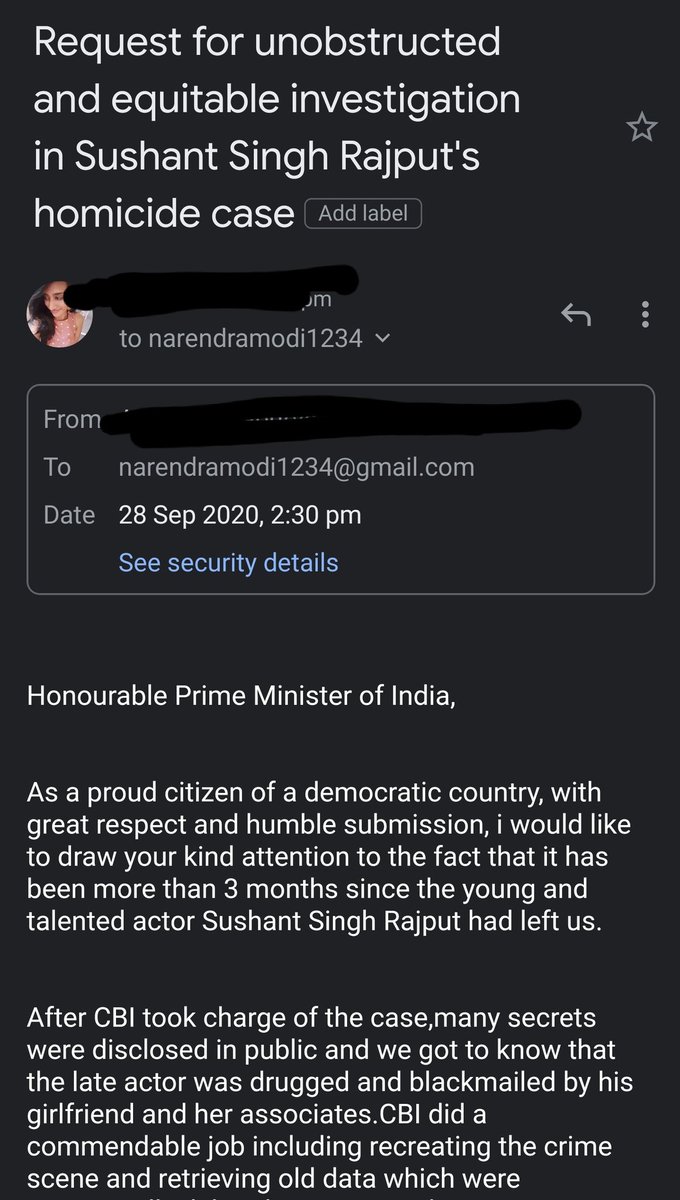 ApurvaU21's tweet photo. We are sending Mass Emails to @PMOIndia and @HMOIndia Requesting for unobstructed investigation in Sushant's case.

I did my bit 🙏
Now it's your turn.

Let's do this guys💥💥

We need to maintain PUBLIC PRESSURE.

@mayureshkrishna @iRaviTiwari

#AIIMSBeFairWithSSRReport https://t.co/s9pdhHpJAU
