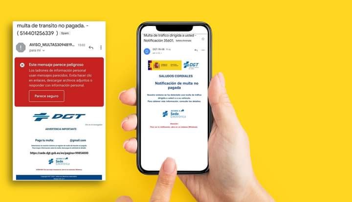 PL_Aljaraque's tweet photo. ⚠️ INTENTO DE ESTAFA⚠️
➡️La #DGT ha alertado sobre un nuevo intento de estafa simulando un email de notificación,con su logotipo y el del Ministerio,pidiendo datos personales y bancarios
➡️Lo recomendable en estos casos es eliminar inmediatamente el mensaje y no pinchar el enlace https://t.co/Twn0uCPTZ5