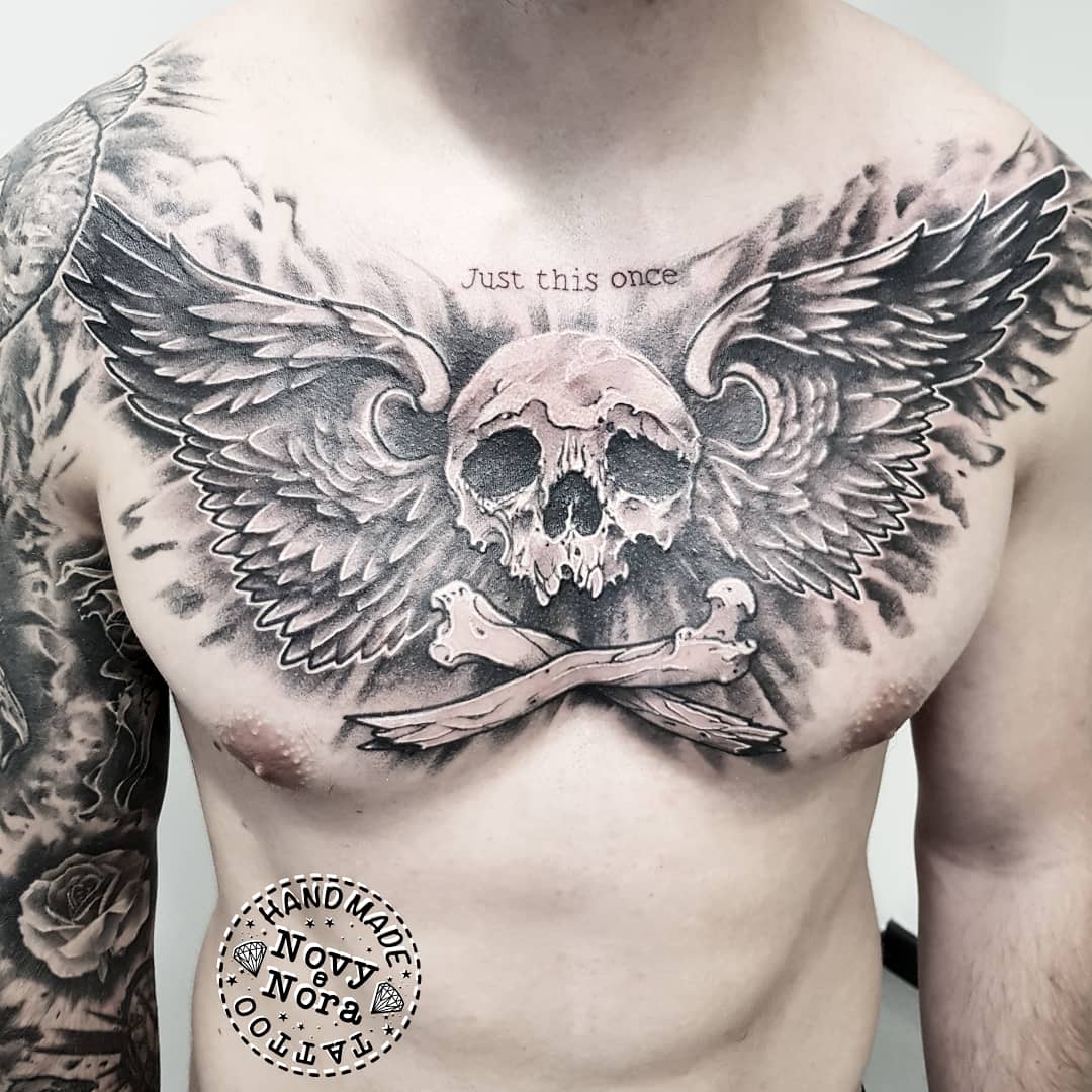 Chest Skull Wings Tattoo by Andys Tattoo