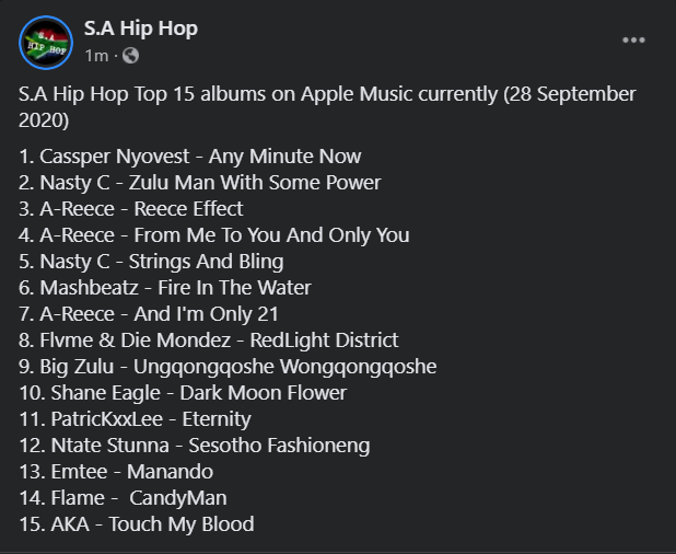 SA_HipHop_ZA's tweet photo. S.A Hip Hop Top 15 albums on Apple Music currently (28 September 2020) https://t.co/oy9qYDQzAh