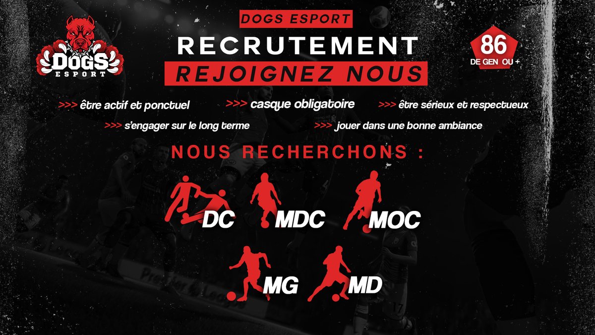 #PS4
Afin de refaire une équipe compétitive Les Dogs Esport remonte leur équipe pour être la plus performante possible!
A savoir :
📷 Dispositif : 3-5-2
📷Sessions du dimanche au jeudi de 20:50 à 23:00
📷 18 ans minimum
notre serveur discord :
discord.gg/s7qsRz2