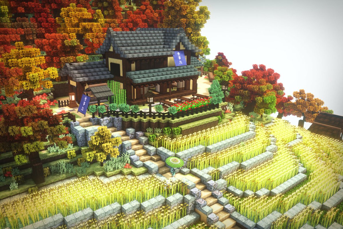 にゃんさん 休止中 勉強会で作成したものたち お食事処 棚田と山の景色 大イチョウのご神木 温泉旅館に続く紅葉の道 にはまぼさん隠れてるので探してみてね マイクラ建築勉強会 Tekicraft3d まーぼーどーふを探せ