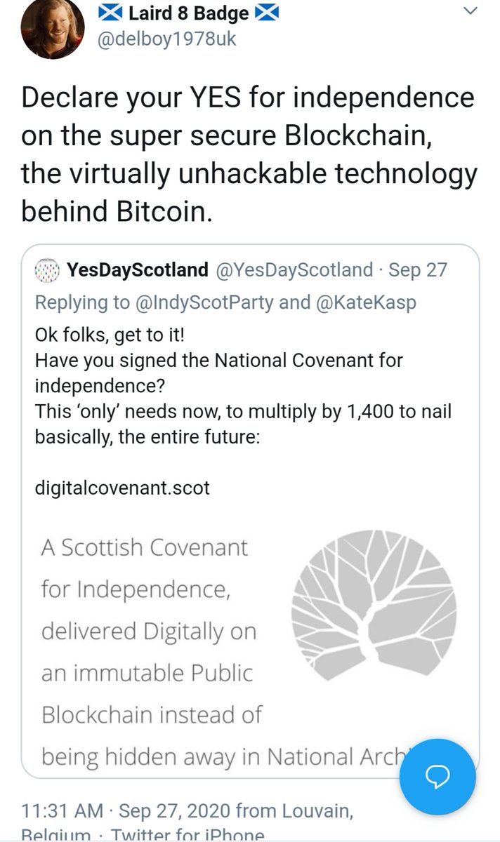 16. Yesser and professional coder Del Boy knows his stuff and needs to maintain some integrity. Note his use of the term "virtually unhackable" when retweeting  @yesdayscotland, the walker's Digital Covenant guru. 