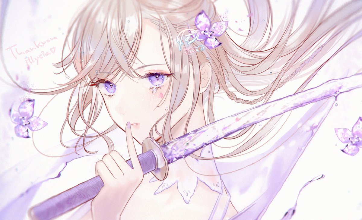 weapon sword 1girl solo purple eyes holding weapon finger to mouth  illustration images