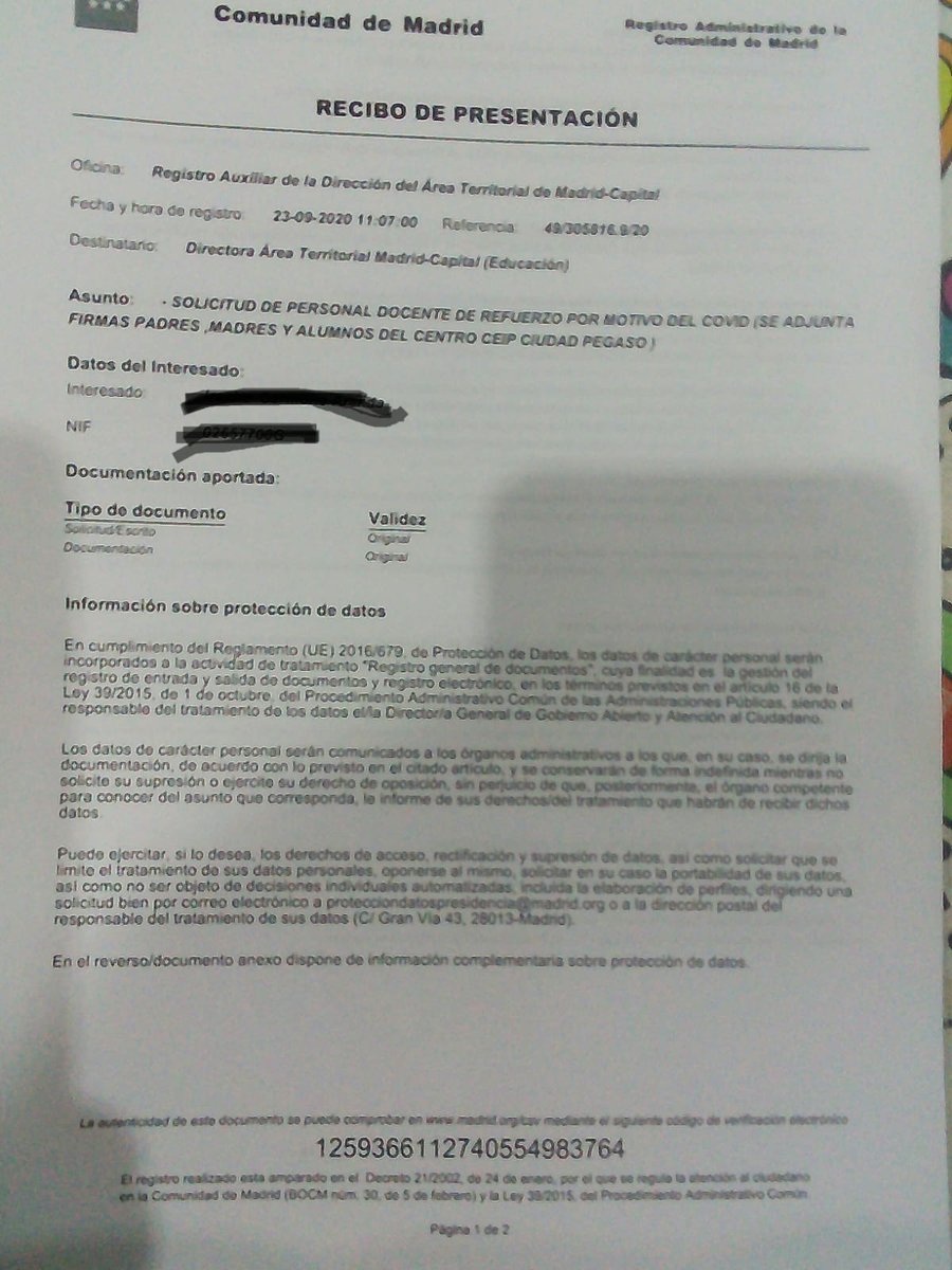 Las familias del colegio Ciudad Pegaso han presentado por registro a doña <a href="/CoralBaez2/">Coral Báez Otermín</a> las firmas recogidas para que manden pronto el profesorado que necesitan.
Los grupos mixtos señor <a href="/eossoriocrespo/">Enrique Ossorio</a> quitan calidad en la educación de nuestros hijos.
