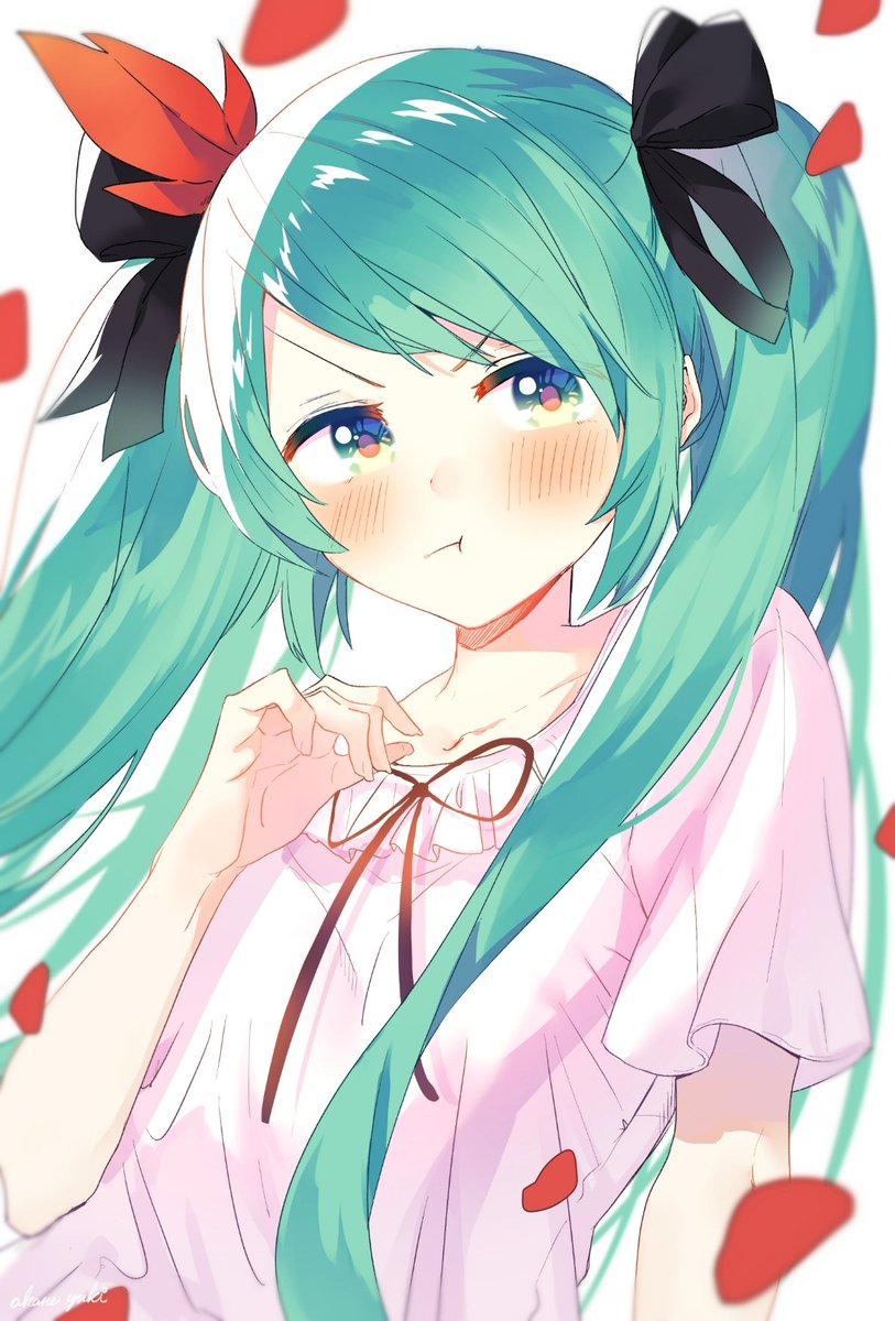 hatsune miku 1girl solo long hair twintails petals ribbon blush  illustration images