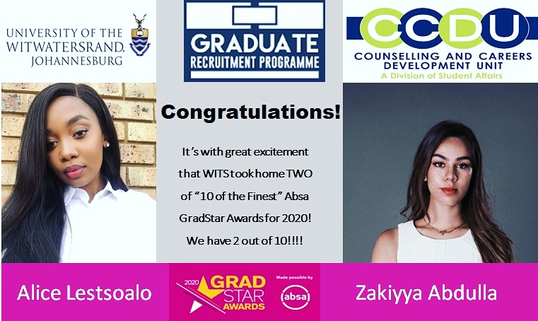 Wits_GRP's tweet photo. Congratulations to Alice and Zakiyya!
It is with great excitement that WITS took home TWO of “10 of the Finest” Absa GradStar Awards for 2020! We have 2 out of 10!!!!
#Witsuniversity #gradstar https://t.co/TwwZpVnZqO