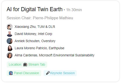 ESA Earth Observation (@esa_eo) on Twitter photo In 5 minutes join the "#AI for #DigitalTwinEarth"" session of <a href="/esa/">European Space Agency</a>'s #Phiweek on esawebtv.esa.int: you don't want to miss it!
Speakers:
<a href="/20treeai/">Overstory (now at @overstoryai)</a> Anniek Schouten
<a href="/cto_maverick/">David Moloney ๐</a>
<a href="/xiaoxiang_zhu/">Xiaoxiang ZHU</a>
Laura Moreno Patricio
<a href="/almaecardenas/">Alma Cardenas</a>
phiweek.esa.int/programme In 5 minutes join the "#AI for #DigitalTwinEarth"" session of <a href="/esa/">European Space Agency</a>'s #Phiweek on esawebtv.esa.int: you don't want to miss it!
Speakers:
<a href="/20treeai/">Overstory (now at @overstoryai)</a> Anniek Schouten
<a href="/cto_maverick/">David Moloney ๐</a>
<a href="/xiaoxiang_zhu/">Xiaoxiang ZHU</a>
Laura Moreno Patricio
<a href="/almaecardenas/">Alma Cardenas</a>
phiweek.esa.int/programme