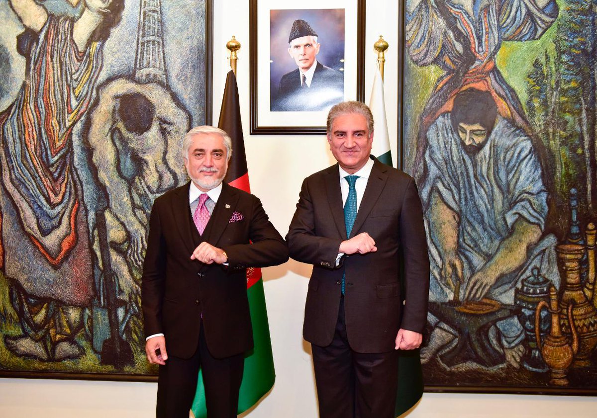 SMQureshiPTI's tweet photo. It was a pleasure to have welcomed @DrabdullahCE to MoFA. The #AfghanPeaceProcess  is of paramount importance for both 🇵🇰 and 🇦🇫 &amp; its success ensures socio-economic prosperity for all. @DrabdullahCE’s visit further strengthens the amity &amp; fraternity between our countries. https://t.co/4EXhRuuV2W