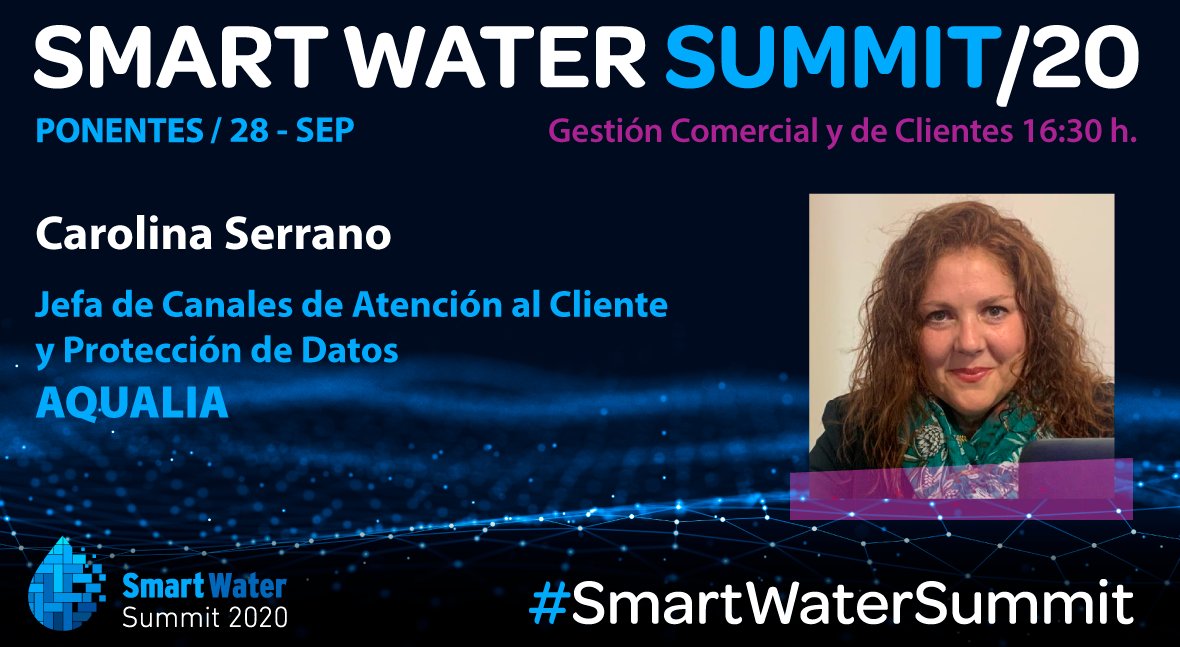 💡No te pierdas, esta tarde a las 16:30h la primera sesión de #SmartWaterSummit 2020. Por parte de #Aqualia, Carolina Serrano, jefa de Canales de Atención al Cliente y Protección de Datos, abordará la gestión comercial y de #clientes 
.
↘️ Más info: iagua.es/smart-water-su…
<a href="/iAgua/">iAgua</a>
