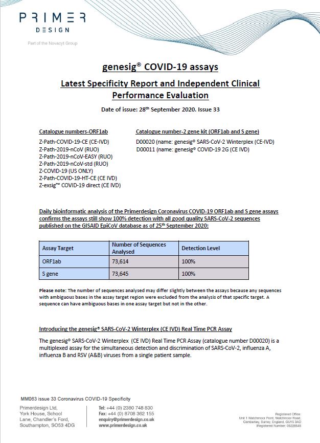 PrimerdesignLtd's tweet image. Primerdesignltd latest specificity update 
#COVID-19 #Wintertesting #NCYT