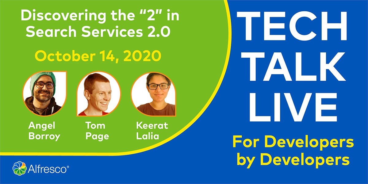 Alfresco's tweet image. Tech Talk Live is the ultimate guide to Alfresco Search Services 2.0 and will help you build seamless, intelligent, and intuitive search experiences. Register 4 Tech Talk Live now - bit.ly/2FLZ01D

#ECM
#Search
#Community
#SimplyABetterWay