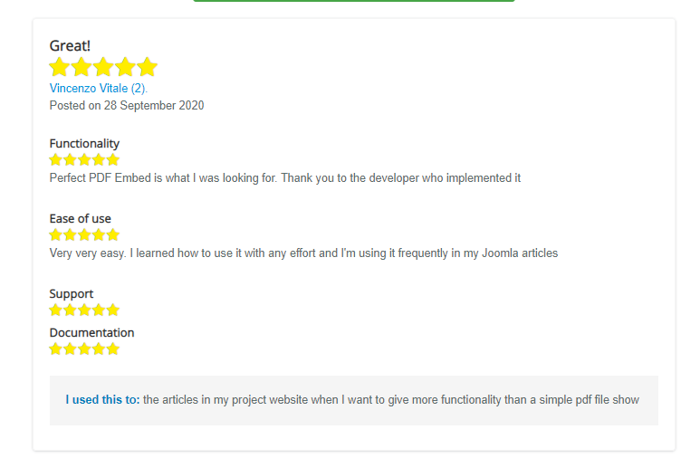 techjoomla's tweet photo. “Perfect PDF Embed is what I was looking for. Thank you to the developer who implemented it” This is what Vincenzo has to say in his #review about #PDFEmbed on the #Joomla Extensions Directory https://t.co/gp3IgOgigZ https://t.co/r8CPErabby