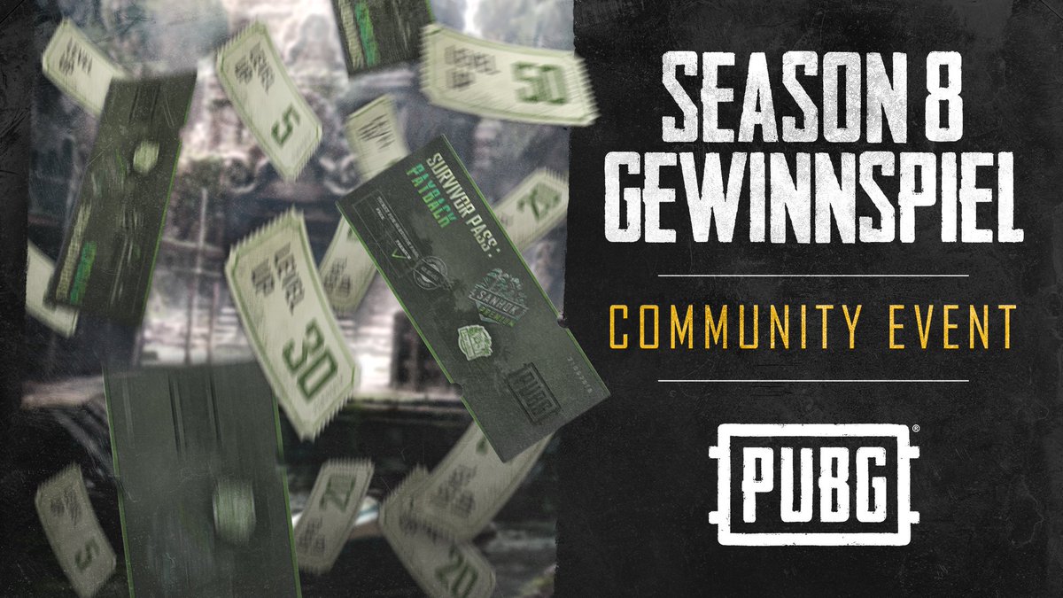 PC-Spieler aufgepasst! Zum Ende der Saison verlosen wir: 
🎟️5x Level-Up-Ticket (+5 Lv)
🎟️2x Survivor Pass
🎟️2x Survivor Pass &amp; Level-Up-Ticket (+5 Lv) und 
🎟️1x Survivor Pass &amp; Level-Up-Ticket (+20 Lv)!

Was ihr tun müsst?
✅Folgt PUBG_DE
❤️liked und
🔁retweetet

Viel Glück!