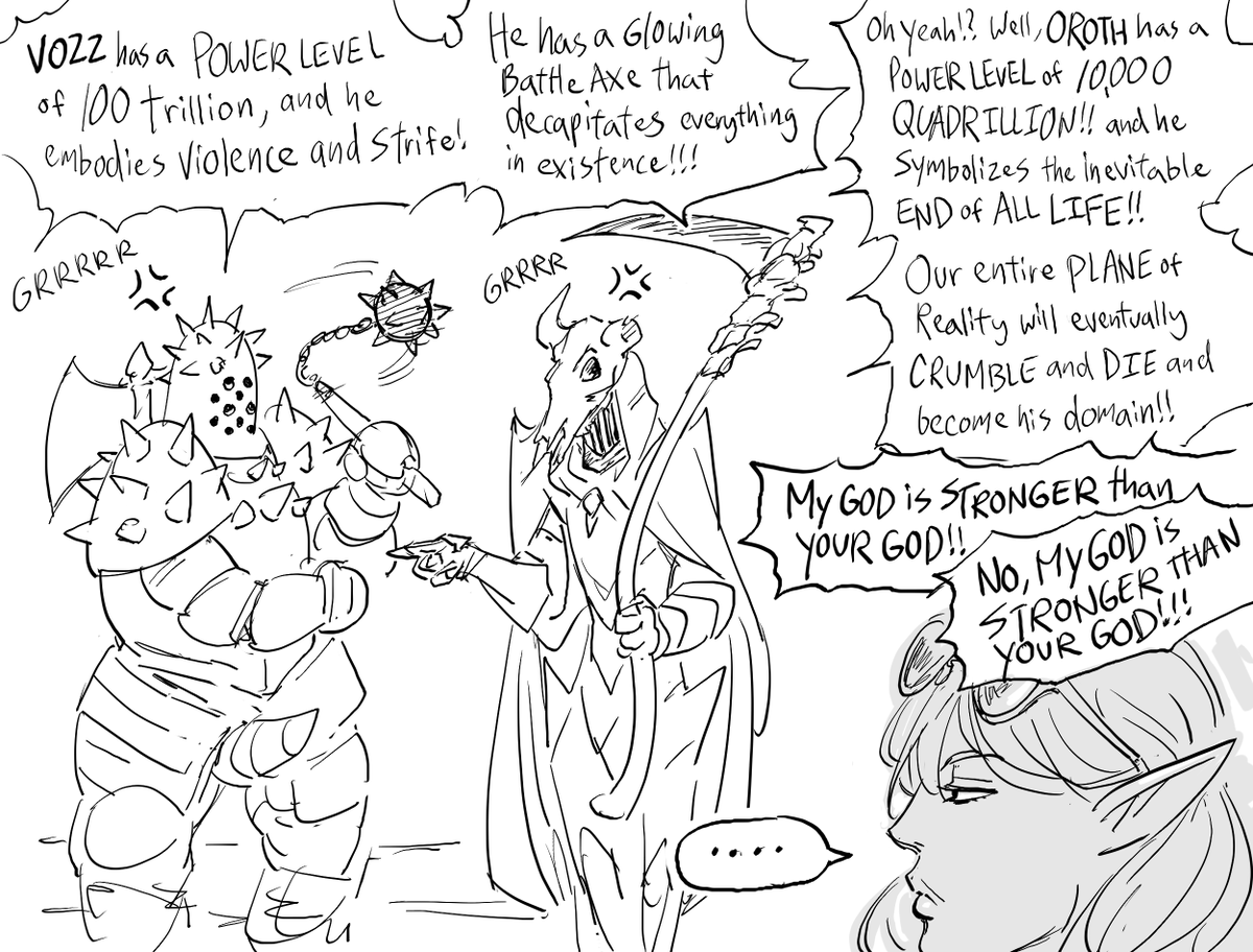 baalbuddy's tweet photo. Patreon request:
Paladins arguing over who's god is stronger.

Yes, this is an author commentary about people who have serious message board fights over Silver Age Superman vs SSJ White Goku. You are the most embarrassing people on the internet (yes, even more than furries). https://t.co/JcPcpNeyWC