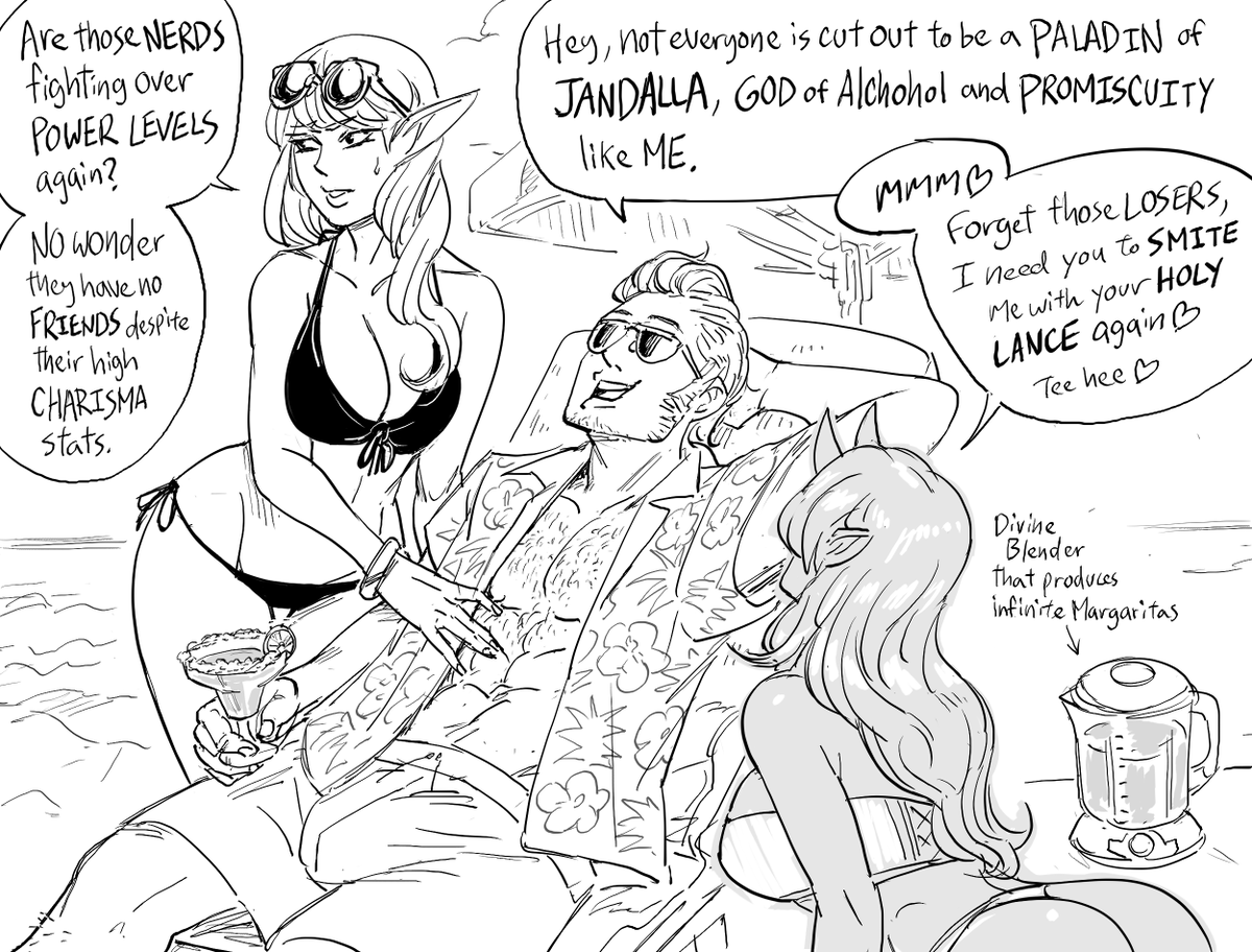 baalbuddy's tweet photo. Patreon request:
Paladins arguing over who's god is stronger.

Yes, this is an author commentary about people who have serious message board fights over Silver Age Superman vs SSJ White Goku. You are the most embarrassing people on the internet (yes, even more than furries). https://t.co/JcPcpNeyWC