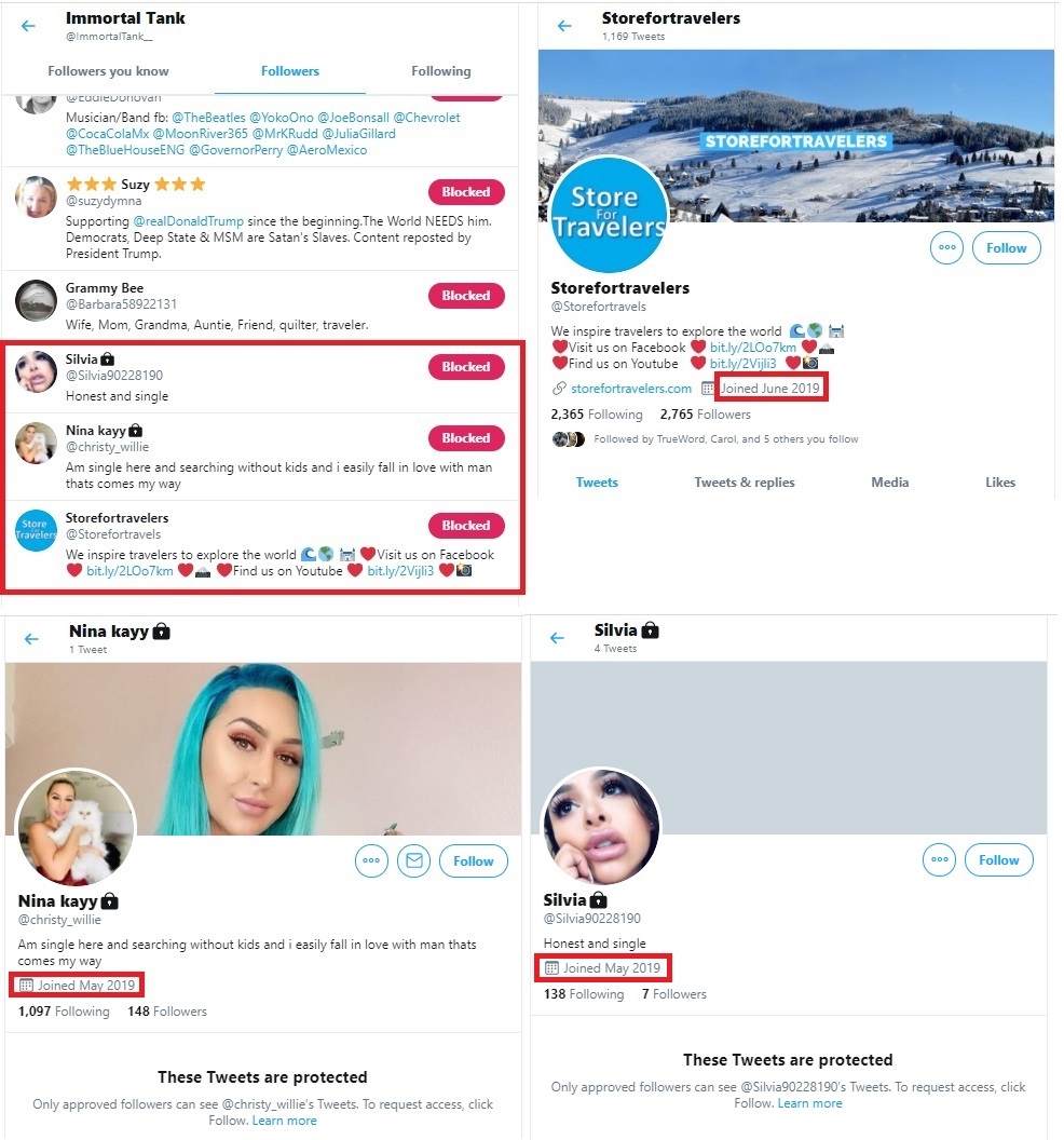 We showed you previously said "Immortal Tank" account was created in February, 2014 with NO TWEETS until June, 2019. Said account's first follow was an account created in June 2018. Their first three "followers" are BOTS created in May-June 2019. He follows MANY resisters.(2/2)