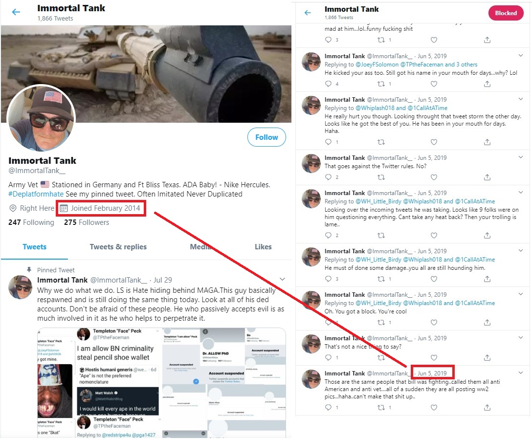 We showed you previously said "Immortal Tank" account was created in February, 2014 with NO TWEETS until June, 2019. Said account's first follow was an account created in June 2018. Their first three "followers" are BOTS created in May-June 2019. He follows MANY resisters.(2/2)