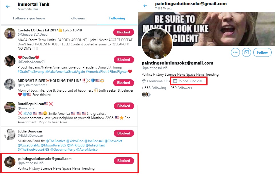 We showed you previously said "Immortal Tank" account was created in February, 2014 with NO TWEETS until June, 2019. Said account's first follow was an account created in June 2018. Their first three "followers" are BOTS created in May-June 2019. He follows MANY resisters.(2/2)