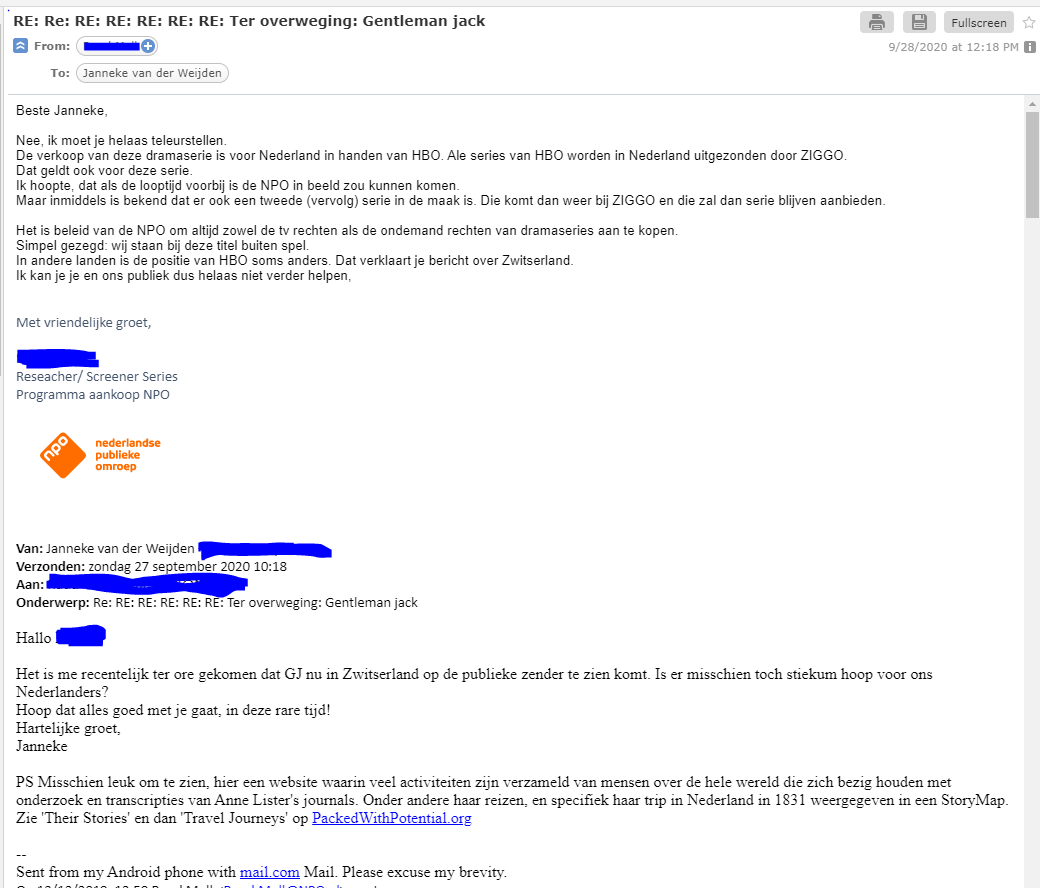 JannekevanderW's tweet photo. Just received a disappointing email from our national broadcasting company confirming once more that Gentleman Jack will not be shown on National TV due to contractual restrictions with HBO in NL. #annelister #visibilitymatters #zijaanzij #notforlackoftrying @spiceyw https://t.co/gWeKp4pfil