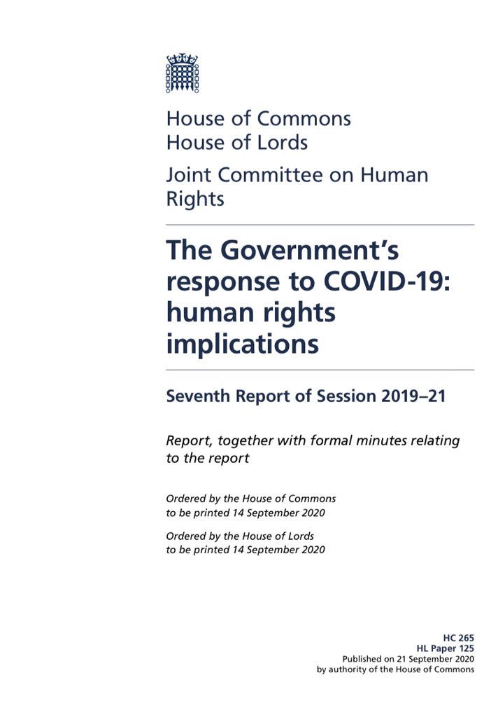 Just published: major new  @HumanRightsCtte report on the human rights implications of the government’s response to COVID-19I have been working with the committee as specialist advisor for this inquiry since MarchHTML  https://publications.parliament.uk/pa/jt5801/jtselect/jtrights/265/26502.htmPDF  https://committees.parliament.uk/publications/2649/documents/26337/default/