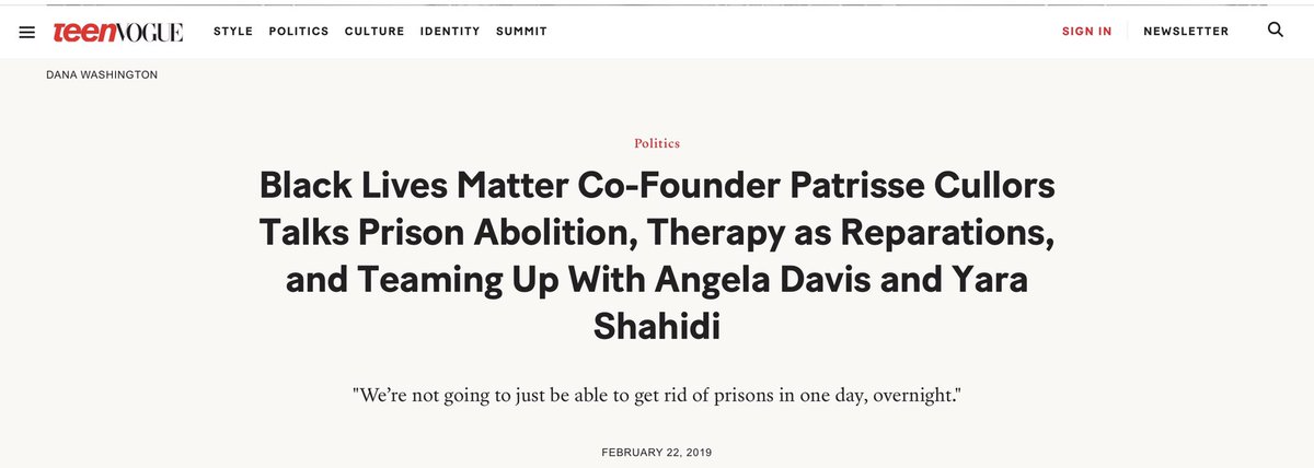 Why should any of us assume that we know Patrice Cullors’ mind better than she knows it herself, when she talked about prison abolition to Teen Vogue in 2019? https://www.teenvogue.com/story/black-lives-matter-patrisse-cullors-interview-prison-abolition-angela-davis-yara-shahidi