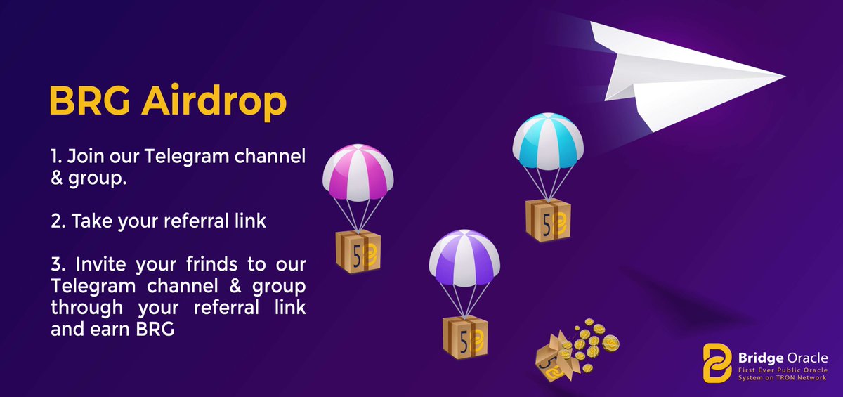 Bridge AI (@bridge_oracle) on Twitter photo 🎉 Bridge glorious airdrop #BRG
🎁 Token #airdrop of the first ever public #oracle system of #TRON network
<a href="/justinsuntron/">H.E. Justin Sun 🍌</a> @Tronfoundation
👥 Refer to the Bridge bot and by following the statements, earn free $BRG.
Start now👇
t.me/BRGAirDropBot?… 🎉 Bridge glorious airdrop #BRG
🎁 Token #airdrop of the first ever public #oracle system of #TRON network
<a href="/justinsuntron/">H.E. Justin Sun 🍌</a> @Tronfoundation
👥 Refer to the Bridge bot and by following the statements, earn free $BRG.
Start now👇
t.me/BRGAirDropBot?…