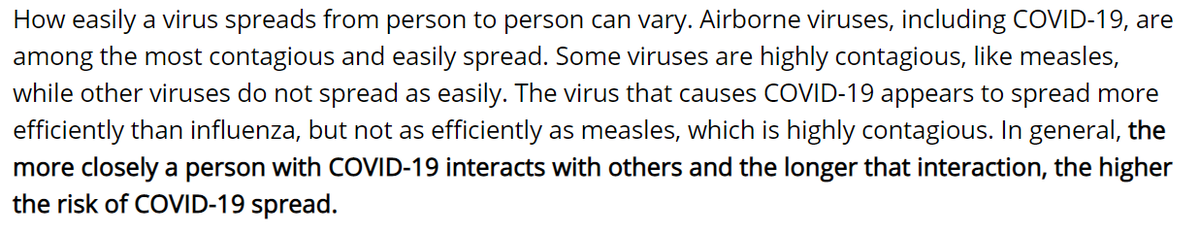 44/ Ballistic droplets, that fall within 1-2 m, are NOT major mode of transmission. Contrary to  @WHO, CDC clearly states that SARS-CoV-2 is airborne. While being less contagious than measles. Thus shared-room-air transmission common --> superspreading. But long-range uncommon